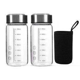 12Oz Small Wide Mouth Glass Water Bottle with Lid and Sleeve,0.15in/3.8mm Thick Glass Shaker Bottles for Protein Mixes,Juicing,Smoothies, Infused Water,Beverage,Reusable Milk Bottle (2 Pieces)