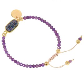 TUMBEELLUWA 4mm Faceted Stone Beads Bracelet for Women Adjustable Oblong Shape Druzy Healing Crystal Bracelet,Amethyst