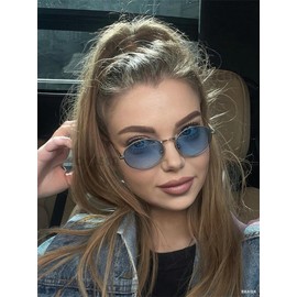 ADE WU Trendy Retro Oval Sunglasses for Women Men 90s Fashion Vintage Lightweight Metal Oval Frame Unisex Sun Glasses,Silver/Blue