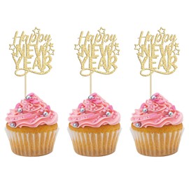24 decoraciones para cupcakes de Año Nuevo 2023 con purpurina dorada para decoraciones de cupcakes 2023 para fiestas de Año Nuevo 2023