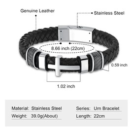 Imrsanl Cremation Jewelry Cuff Cross Urn Bracelet for Ashes for Women Men Keepsake Memorial Urn Braided Leather Bangle Bracelet for Ashes (Size-22cm)