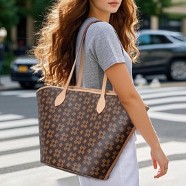 Women's Tote Top Handle Handbags Vegan Leather Designer Handbags for Women Fashion Shoulder Bag with Wallet for Ladies 2psc (Club Dark Brown)