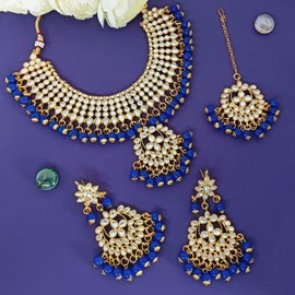 Efulgenz Indian Bridal Jewelry Choker Necklace Earrings Maang Tikka Bollywood Wedding Crystal Kundan Faux Pearl Necklace Earrings Head Chain Set for Women