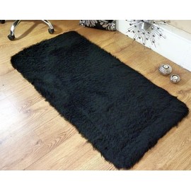 Rugs Supermarket Black faux fur sheepskin oblong rug 70 x 140 cm rectangle