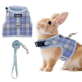 AIITLE Breathable Rabbit Harness and Leash Set - Plaid Pattern Padded Vest with Magic Tape Design, Dual D-Rings, Adjustable for Small Animal Pets, Indoor Outdoor Training Camping, Blue M