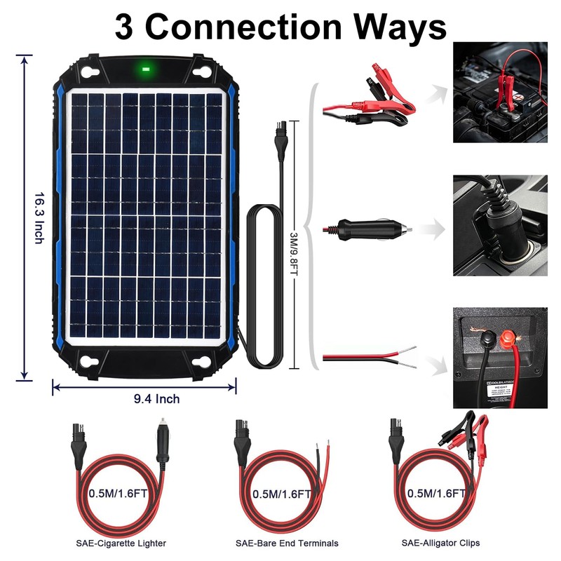 SUNER POWER Waterproof 10W 12V Solar Battery Charger & Maintainer