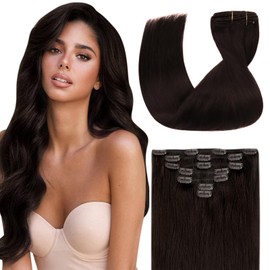 Sunny Hair Clip in Hair Extensions Remy Human Hair Extensions for Women Real Hair Clip in Extensions Double Weft Darkest Brown (12 inch-5pcs/80g, 14-24 inch-7pcs/120g)