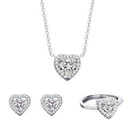 Auriselle Zirkonia Schmucksets für Damen, 3-Teiliges Herz Anhänger Halskette Ring Ohrring Set mit Zirkon Glänzend Klassisch, Heart Ketten Verstellbare Länge Jewelry Schmuck Frauen Mädchen, Silbern