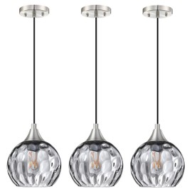3 Pack 1 Light Hanging Indoor Kitchen Island Pendant Light 6.3" Grey Hammer Glass Pendant Ceiling Light Fixtures Brushed Nickel Finish Modern Farmhouse Dinning Over Sink(Adjustable Height Cord)