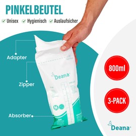 Deana Pee Bag Toilet for On the Go 800 ml Pack of 3 - Emergency Toilet for Women, Children, Men - Travel Toilet for Car, Camping and Festivals - Urinal for Women, Urine Bag for Travel