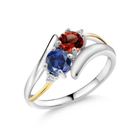 Gem Stone King 925 Silver and 10K Yellow Gold Red Garnet Blue Created Sapphire and White Lab Grown Diamond 2 Stone Crossover Ring For Women (1.17 Cttw, Available In Size 5, 6, 7, 8, 9)