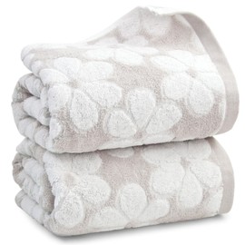 Soft Bath Towels 2 Pack, Super Absorbent Shower Towels 27.5x55 Inches, Cute Floral Jacquard Bathroom Set, Cotton, Light Beige