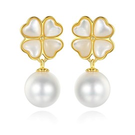 TIFLA Women's Earrings, Pearl, Dangling, 925 Silver, Four Leaf Clover, Cat Eye, Hypoallergenic Metal, Popular Earrings, Cute, Present, Sterling Silver Silver, Shell pearl, cat's eye
