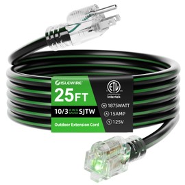 islewire 25FT 10/3 Outdoor Extension Cord, 10 AWG Ultra Heavy Duty 3-Prong SJTW, Waterproof, Flexible Cold-Resistant, Indoor/Outdoor, LED Lighted End, 15 Amp 1875W, Black & Green, ETL Listed