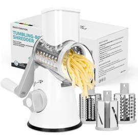 X Home Rotary Cheese Grater for Kitchen, Shredder with 3 Interchangeable Blades, Rotary Grater with Handle and Strong Suction Base, for Vegetables, Fruit, Nuts, Easy to Use and Clean, White