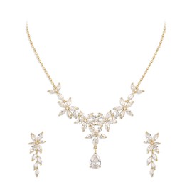 EVER FAITH Cubic Zirconia Bridal Jewelry Set for Wedding, Marquise Teardrop CZ Flower Necklace Earrings Sets for Women Clear Gold-Tone