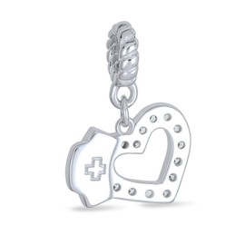 Caduceus RN Nurse Hat Cap Heart Shape Graduate Crystal CZ Dangle Bead Charm White Enamel .925 Sterling Silver Fits European Bracelet