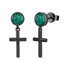 KoyeKei Black Cross Earrings for Men Women 925 Sterling Silver Malachite Religious Cross Dangle Drop Earrings Christian Jewelry Halloween Gifts for Husband Dad