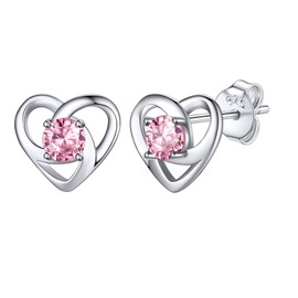 Bestyle Sparkle Rose Quartz CZ Earring Pink Crystal Stud Heart Synthetic Tourmaline October Birthstone Earrings for Women Sterling Silver Heart Celtic Knot Earring Tennis Jewelry Gifts