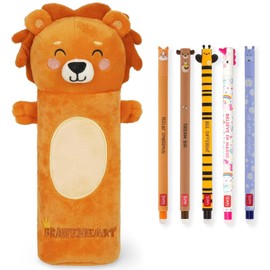 LEGAMI Super Soft Pencil Case & Erasable Gel Pens | Set of 5 Cute Animal Pens with Thermosensitive Ink + Plush Pencil Case (Lion)