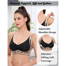 Bras for Women No Underwire, Womens Push Up Bras Wireless, Comfortable Bra Supportive Bralettes Plunge Seamless Bra, Black S