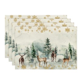 Artoid Mode Watercolor Deer Trees Snowflakes Christmas Placemats Set of 4, 30 x 45cm Winter Xmas Holiday Vintage Washable Table Mats