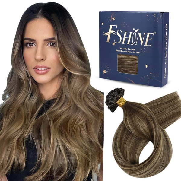 Fshine U-Tip Keratin Remy Real Hair Extensions, Bondings, Remy Hair Colour Chocolate Brown Mixed Caramel Blonde, 55 cm, 1 g per Strand, 50 g