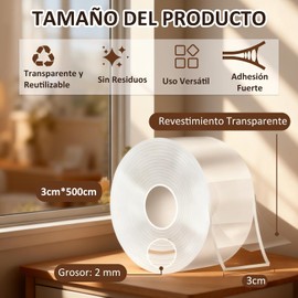 Cinta Doble Cara Adhesiva Transparente, 2 Rollos de 5M, Reutilizable e Impermeable para Pared, Cocina y Manualidades