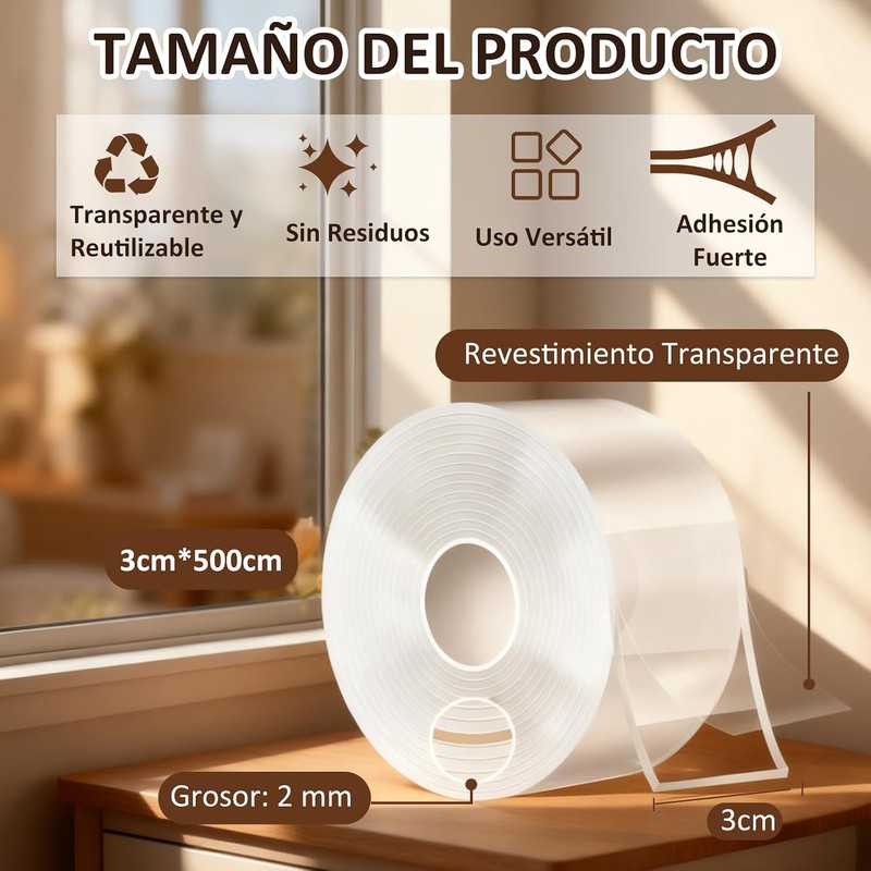 Cinta Doble Cara Adhesiva Transparente, 2 Rollos de 5M, Reutilizable
