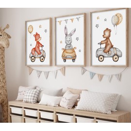 ag.art deco Set of 3 Posters for Children's Room, 3 Pieces, A3, 30 x 40 cm, Fox Bear, Rabbit, Baby Room, Girls and Boys, Picture Set, Poster Forest Animals, without Frame