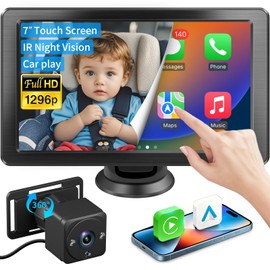 Faninso Baby Car Camera, 1296P HD Car Baby Monitor with 7" Touchscreen, CarPlay, No‑Glow Night Vision, 150° Wide Angle, Live Rear‑Seat View, Easy Installation, Alternative to Rear Facing Mirrors