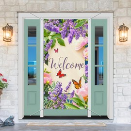 BlissYard Spring Door Banner Door Cover 70x35 Inch Vibrant Lavender Butterfly Welcome Sign Spring Backdrop Door Covers Decorative Door Decorations Hanging for Seasonal Home Decor