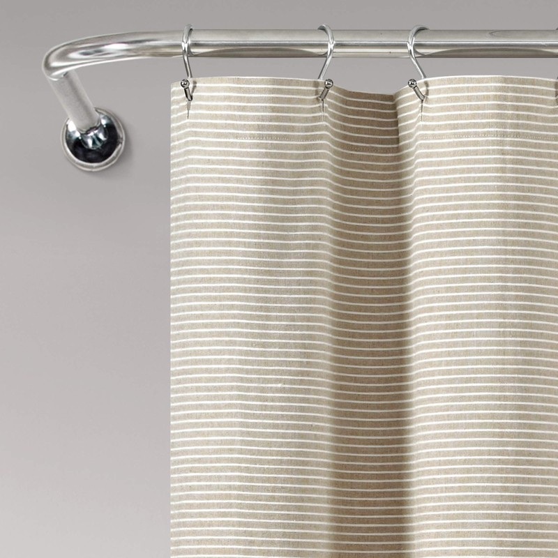 Lush Decor Beige Linen Woven Cotton Shower Curtain, Farmhouse Button