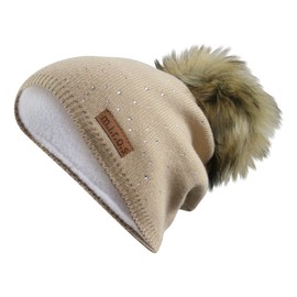 m.i.r.o.s Juliette Women's Long Beanie Hat Beige Handmade Bobble Winter Hat Pompom, beige