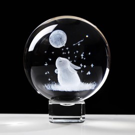 6cm/2.36 in. Crystal Ball Engraved 3D Rabbit and Moon Ornament, Glass Bunny Figurine Collectible Paperweight, Rabbit Gifts for Rabbit Lovers on Birthday Christmas
