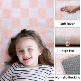 KICMOR 5x8 Area Rugs for Living Room, Light Pink and White Fluffy Shag Large Fuzzy Plush Soft Bedroom Carpets, Indoor Floor Shaggy Checkered Rug for Kids Baby Girls Room Playroom Nursery Home Decor