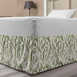 Lunarable Vintage Bed Skirt, Floral Pattern with Boxwood ed Eucalyptus Fern Maidenhair, Elastic Bedskirt Dust Ruffle Wrap Around for Bedding Decor, Full, Reseda Green