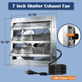 Hiorucet 7 Inch Shutter Exhaust Fan Wall Mounted with 1.8 Meters Power Cord, 760CFM Low Noise Aluminum Louvered Exhaust Fan for Greenhouse, Garage, Shop, Attics, Shed, Chicken Coop Ventilation Fan.