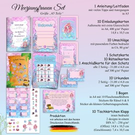Scavenger Hunt Mermaid for Children's Birthday Parties 65 Pieces Complete Set Including Treasure Map Certificates Place Cards Sticker Invitations with Envelope from 5 to 9 Years