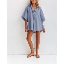 MINSURE Women One Piece Jumpsuit V-Neck Half Button Collared Rompers Short Sleeve Onesie Playsuit Loose Overalls for Summer(Blue-M)