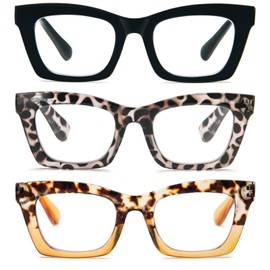 Kodilin 3er Pack Vintage Oversize Square Frame Large Retro Square Rechteck Anti Blaues Licht für Damen Federscharnier Schwarz+Leo+Gelb 2.0