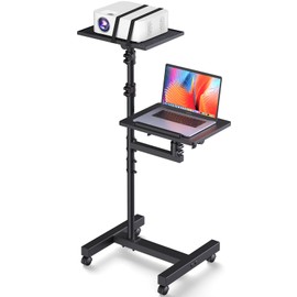 Facilife 2 Shelves Projector Stand Tripod, Mobile Laptop Cart on Wheels Projector Tripod Stand Adjustable Height 45 to 64 Inches, Overbed Table with Wheels, Rolling Laptop Floor Stand for Couch