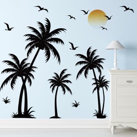 Boho Palm Tree Wall Decals Peel and Stick, Large Sunset Tropical Plants Wall Stickers, Removable Seagull Birds Home Decor Art for Bedroom Living Room Classroom Office, Black