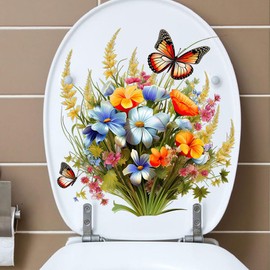 Toilet Stickers Bathroom Wall Decor Flowers Green Plant Butterflies Vinyl Sticker Wall Decals Peel and Stick Wall Stickers for Living Room Bedroom, Bathroom Self-Adhesive Toilet Seat Decals Decor
