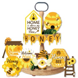 AHANDMAKER 15 Pieces Bee Gnome Themed Tiered Tray Decor Set Honey Bee Signs Table Top Decor Rustic Farmhouse Style for Spring & Summer Home Farmhouse Rustic Kitchen Decorations