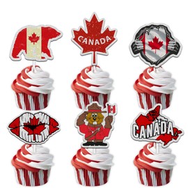 Red Glitter Maple leaf Bear Beaver Dessert Cupcake Topper Cheer to Celebrate 1st of July Canada Day Theme Decorations Supplies Canadian Party Decor set 18pcs