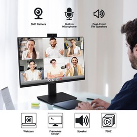 SKitphrati 23.8” Business Webcam Monitor, 1080P IPS Screen 75HZ, Video Conference Monitor - Built-in Adjustable 5MP Webcam, Mic Array, Speakers, Eye Care, Frameless, HDMI, DP, VGA, USB 2.0