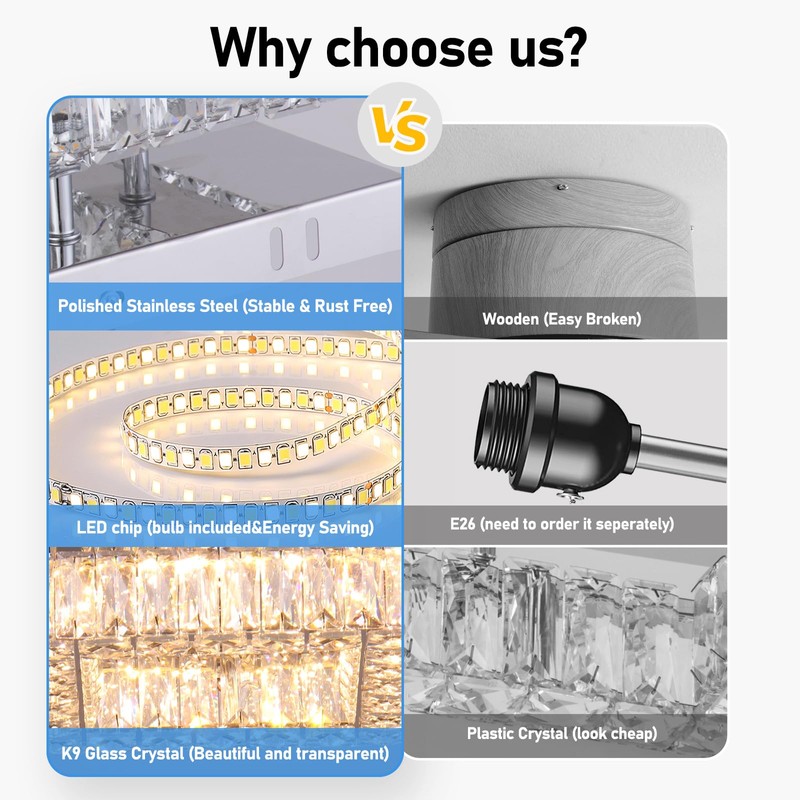 YPQXYHDA Dimmable Square Crystal Chandelier LED Mini Ceiling Light with