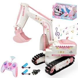 Kodbiby Pink RC Excavator, 6 Channel 2.4Ghz RC Construction Vehicle, Pink Excavator Toy with 360° Rotation, Light Sound and DIY Stickers Birthday Gift for 4-12 Girls Kids