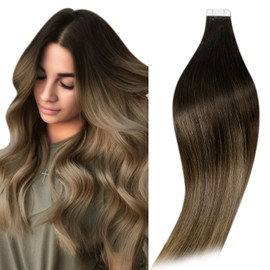 RUNATURE Tape in Human Hair Extensions Balayage Black Root Ombre to Brown with Caramel Blonde Tape in Hair Extensions Real Human Hair Brown Tape Hair Extensions 16 Inch 50g #1B/4/27